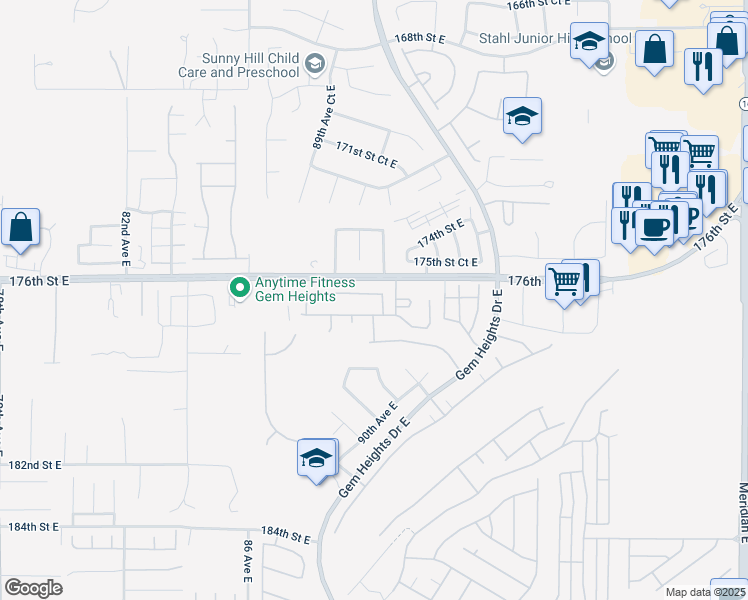 map of restaurants, bars, coffee shops, grocery stores, and more near 9016 176th Street Court East in Puyallup