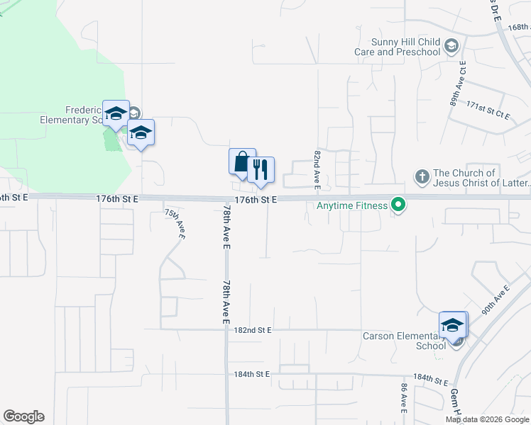 map of restaurants, bars, coffee shops, grocery stores, and more near 17602 79th Avenue Court East in Puyallup