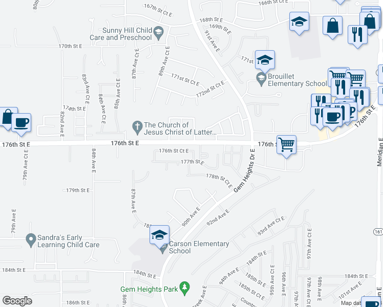 map of restaurants, bars, coffee shops, grocery stores, and more near 9022 176th Street Court East in Puyallup