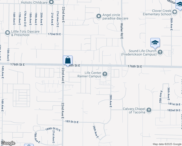 map of restaurants, bars, coffee shops, grocery stores, and more near 17718 25th Avenue Court East in Tacoma