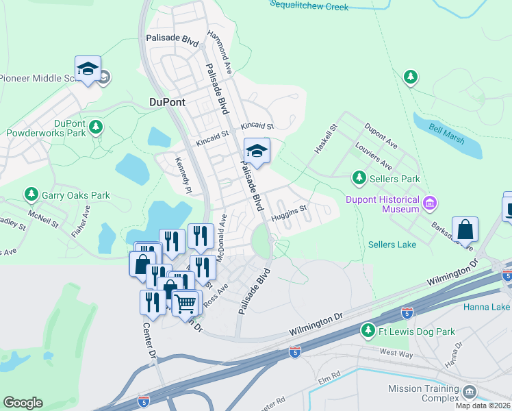 map of restaurants, bars, coffee shops, grocery stores, and more near 1541 Palisade Boulevard in DuPont