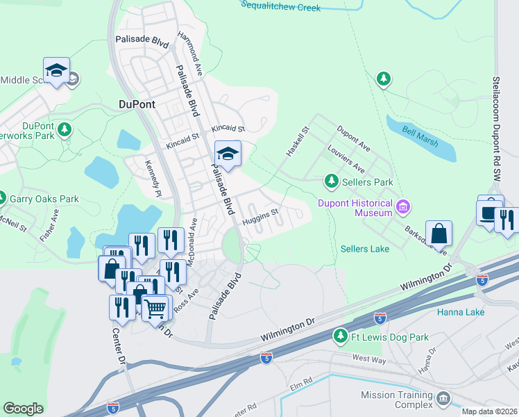map of restaurants, bars, coffee shops, grocery stores, and more near 1512 Bittner Court in DuPont
