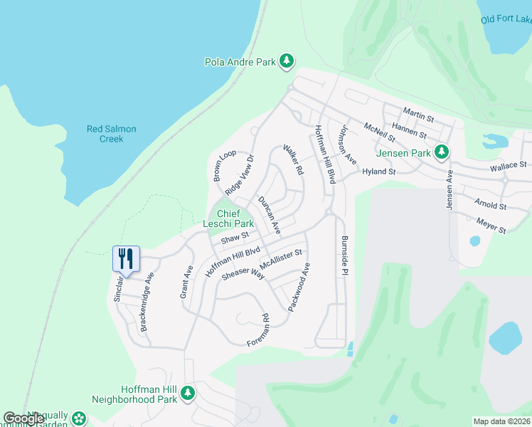 map of restaurants, bars, coffee shops, grocery stores, and more near 3122 Shaw Street in DuPont