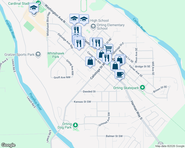 map of restaurants, bars, coffee shops, grocery stores, and more near 317 Calistoga Street West in Orting