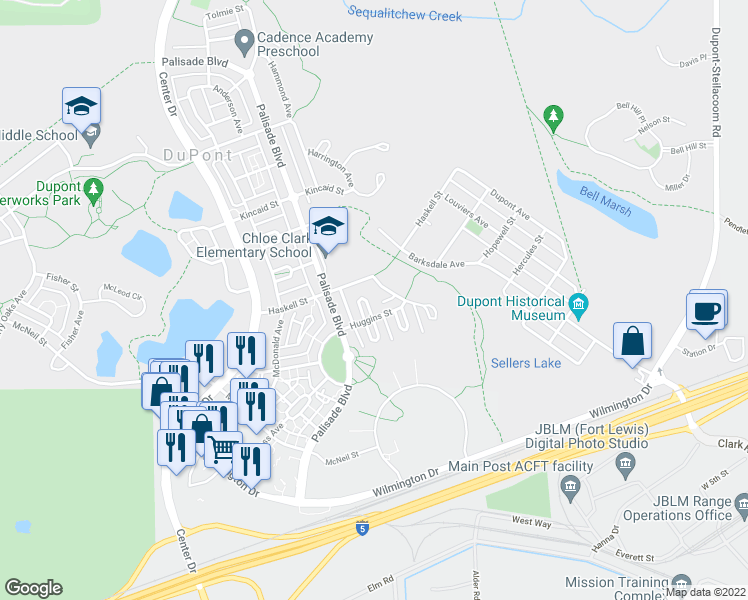 map of restaurants, bars, coffee shops, grocery stores, and more near 1524 Bittner Court in DuPont