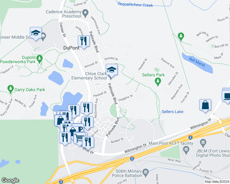 map of restaurants, bars, coffee shops, grocery stores, and more near 1548 Palisade Boulevard in DuPont