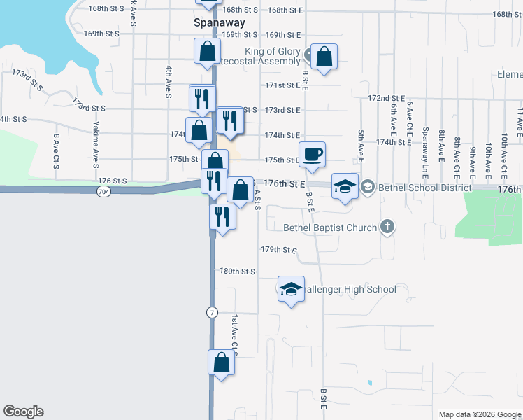 map of restaurants, bars, coffee shops, grocery stores, and more near 17817 1st Avenue Court East in Spanaway
