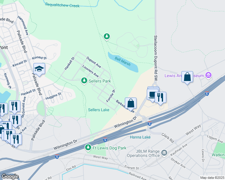 map of restaurants, bars, coffee shops, grocery stores, and more near 205 Barksdale Avenue in DuPont