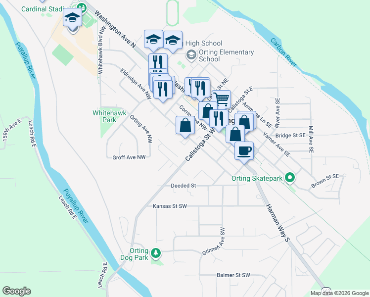 map of restaurants, bars, coffee shops, grocery stores, and more near 317 Calistoga Street West in Orting