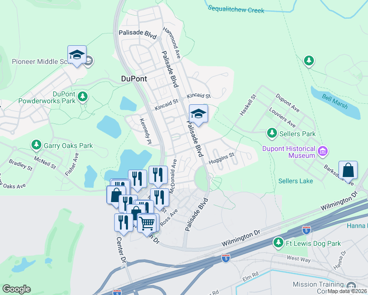 map of restaurants, bars, coffee shops, grocery stores, and more near 1436 Haskell Street in DuPont