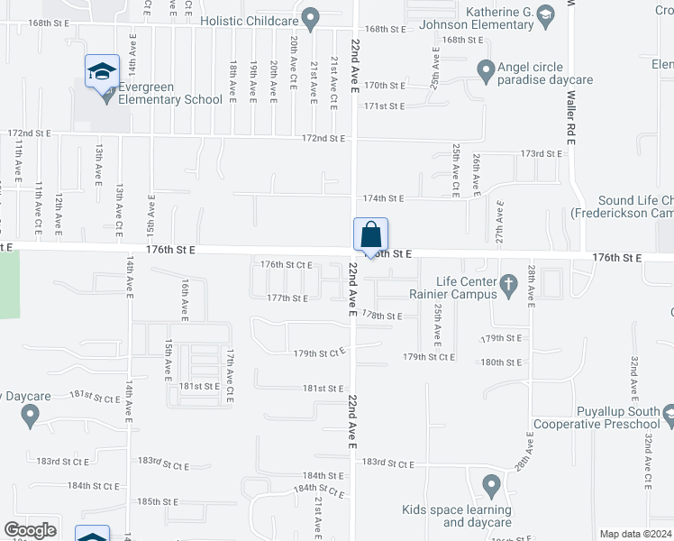 map of restaurants, bars, coffee shops, grocery stores, and more near 17610 21st Avct East in Spanaway