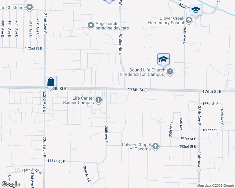 map of restaurants, bars, coffee shops, grocery stores, and more near 2829 176th Street East in Tacoma
