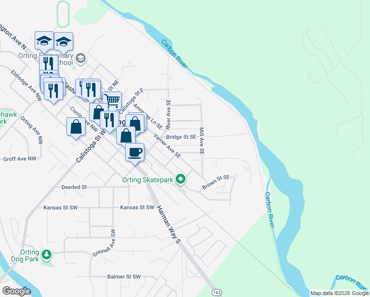 map of restaurants, bars, coffee shops, grocery stores, and more near 310 Bridge Street North in Orting