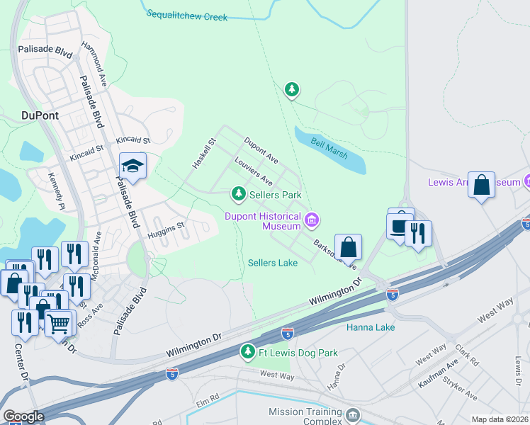 map of restaurants, bars, coffee shops, grocery stores, and more near 501 Barksdale Avenue in DuPont