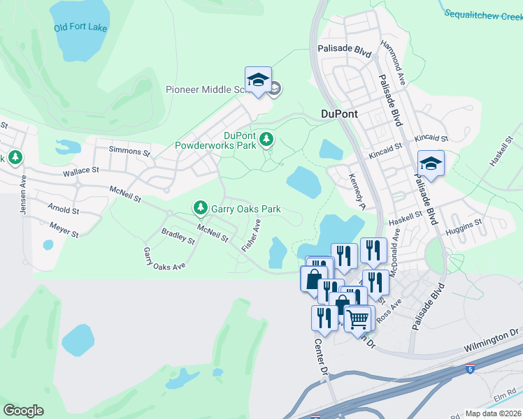 map of restaurants, bars, coffee shops, grocery stores, and more near 1838 Fisher Street in DuPont