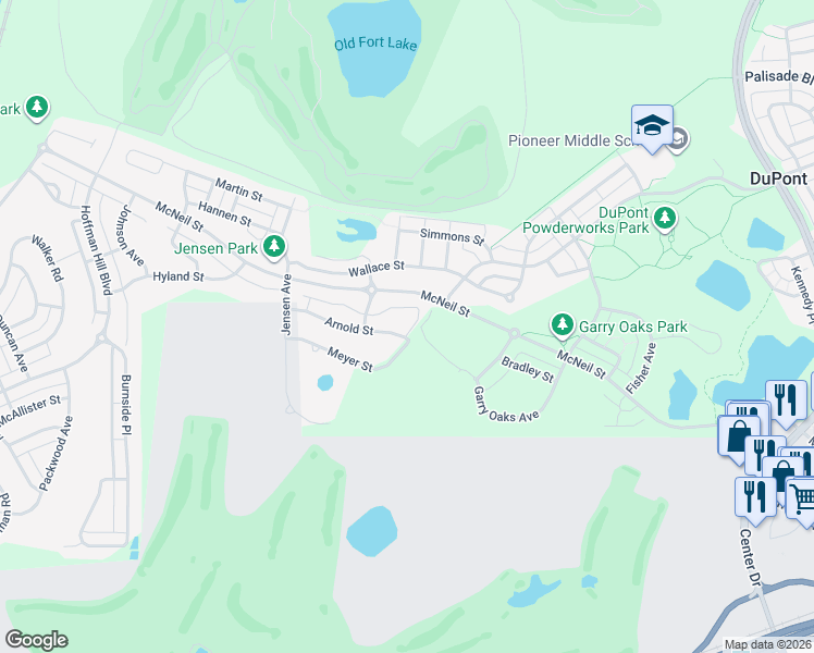 map of restaurants, bars, coffee shops, grocery stores, and more near 2412 Arnold Street in DuPont