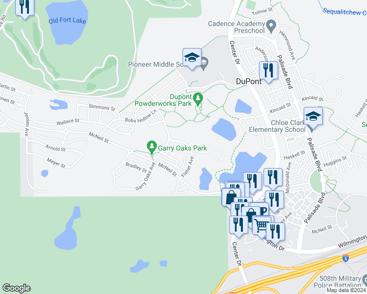 map of restaurants, bars, coffee shops, grocery stores, and more near 1853 Fisher Street in DuPont