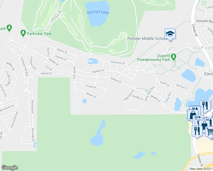 map of restaurants, bars, coffee shops, grocery stores, and more near 2424 Arnold Street in DuPont