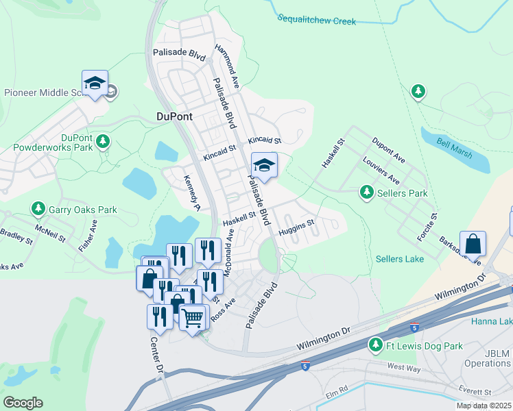 map of restaurants, bars, coffee shops, grocery stores, and more near 1625 Palisade Boulevard in DuPont