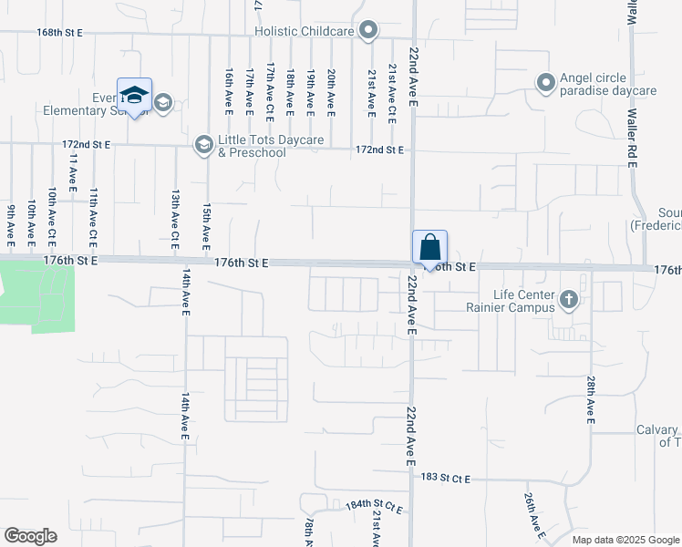 map of restaurants, bars, coffee shops, grocery stores, and more near 2027 176th Street East in Spanaway