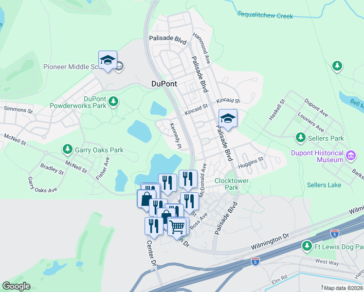 map of restaurants, bars, coffee shops, grocery stores, and more near 1736 Kennedy Place in DuPont