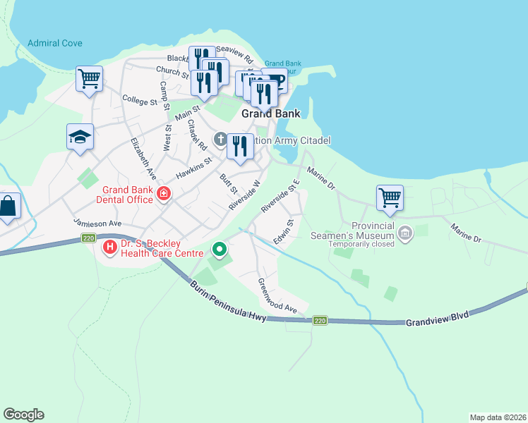 map of restaurants, bars, coffee shops, grocery stores, and more near 11 Riverside East in Grand Bank