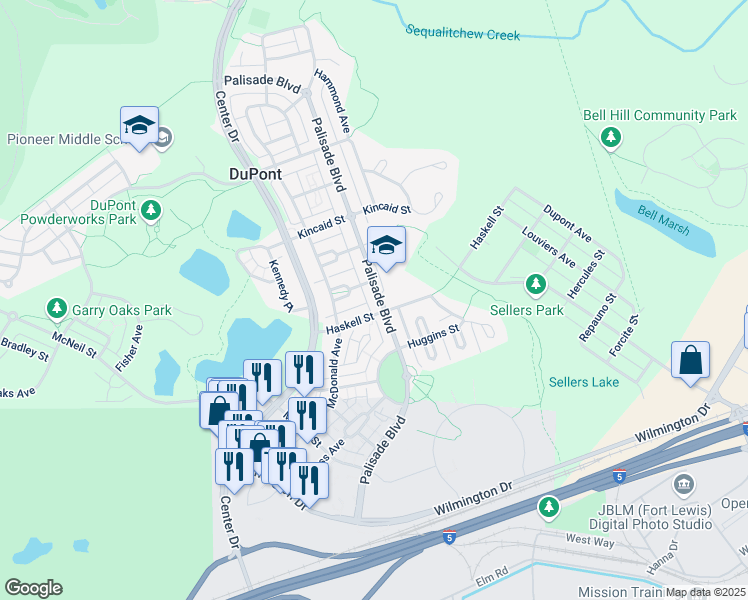 map of restaurants, bars, coffee shops, grocery stores, and more near 1637 Palisade Boulevard in DuPont