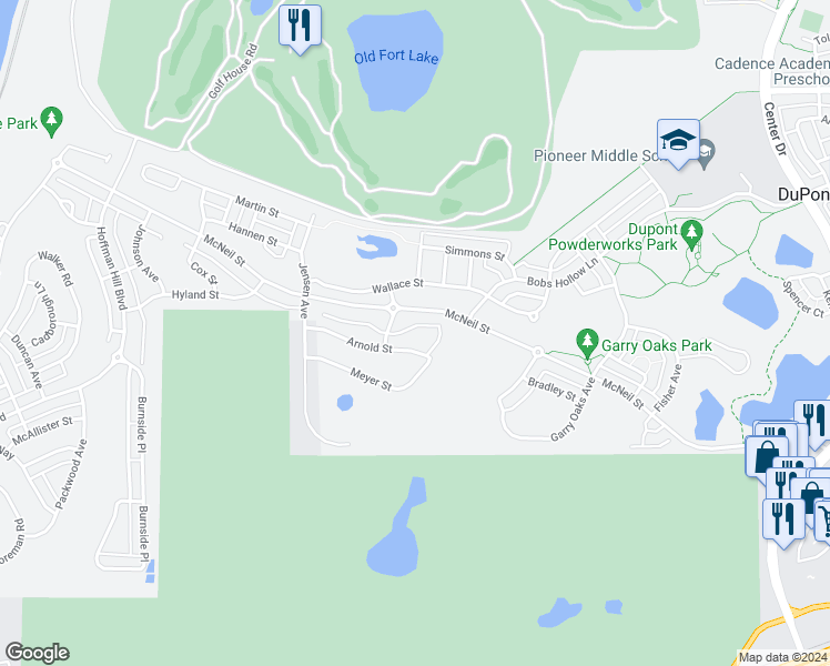 map of restaurants, bars, coffee shops, grocery stores, and more near 2494 Arnold Street in DuPont