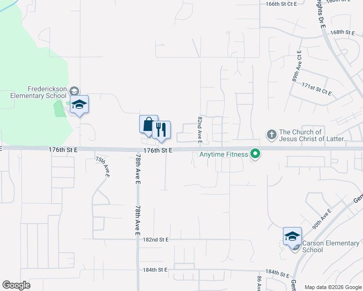 map of restaurants, bars, coffee shops, grocery stores, and more near 8017 175th Street Court East in Puyallup