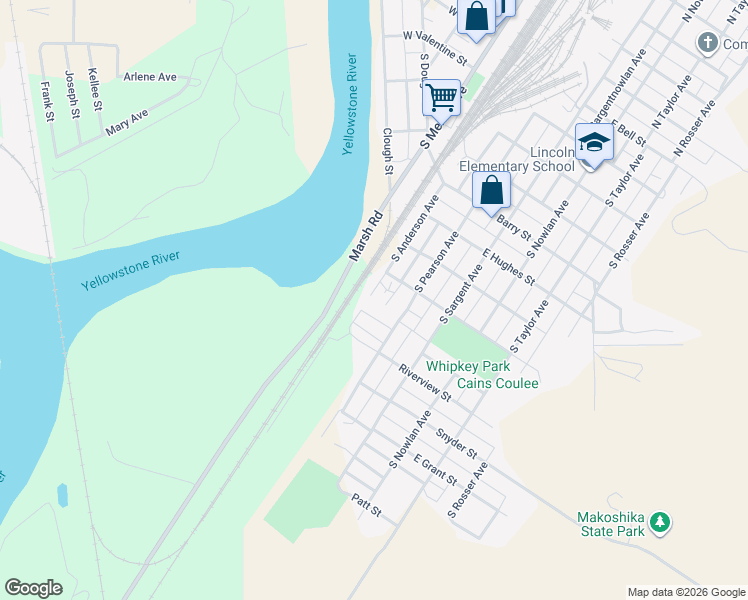 map of restaurants, bars, coffee shops, grocery stores, and more near 821 South Anderson Avenue in Glendive