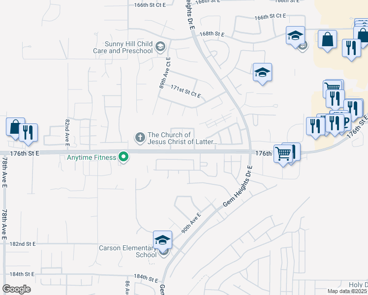 map of restaurants, bars, coffee shops, grocery stores, and more near 17513 90th Avenue East in Puyallup