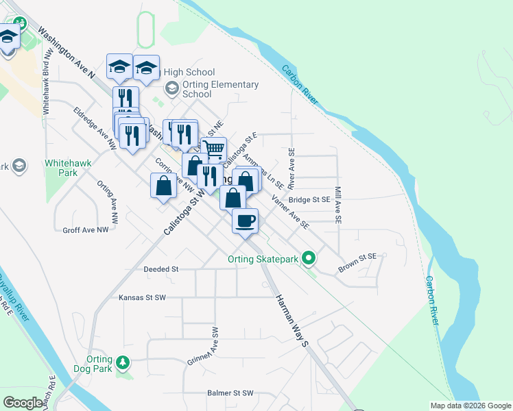 map of restaurants, bars, coffee shops, grocery stores, and more near 220 Washington Avenue South in Orting