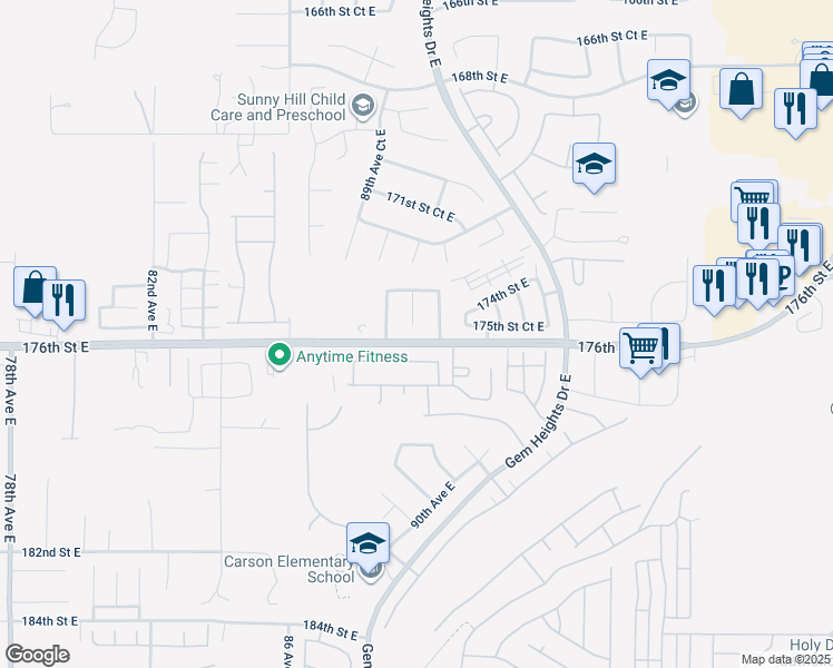 map of restaurants, bars, coffee shops, grocery stores, and more near 17525 90th Avenue East in Puyallup