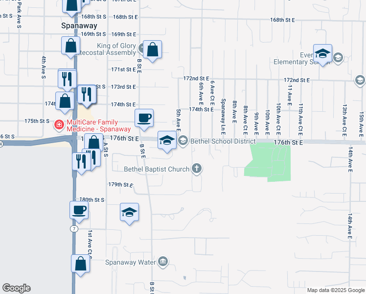 map of restaurants, bars, coffee shops, grocery stores, and more near 516 176th Street East in Spanaway