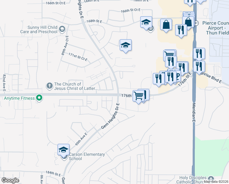 map of restaurants, bars, coffee shops, grocery stores, and more near 9410 175th Street Court East in Puyallup