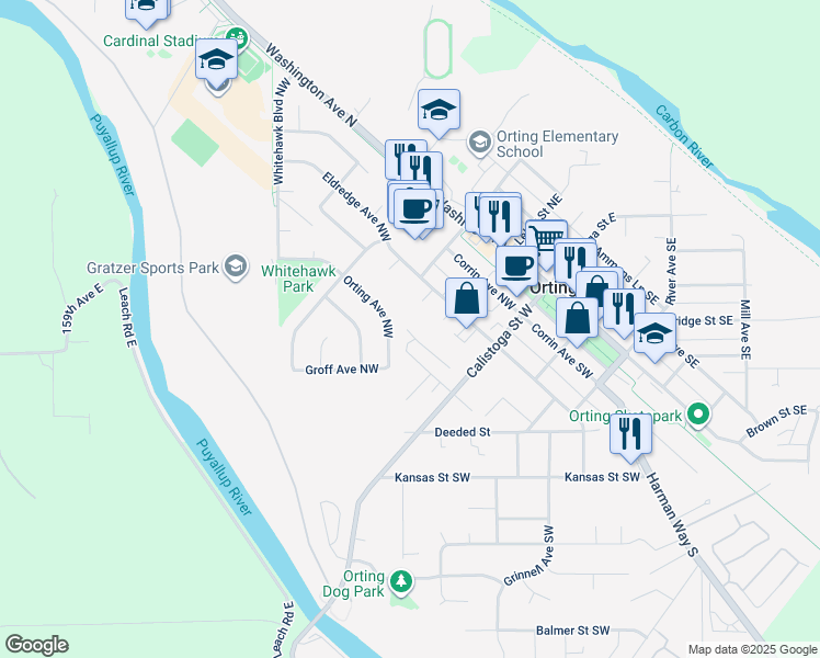 map of restaurants, bars, coffee shops, grocery stores, and more near 306 Whitesell Street Northwest in Orting