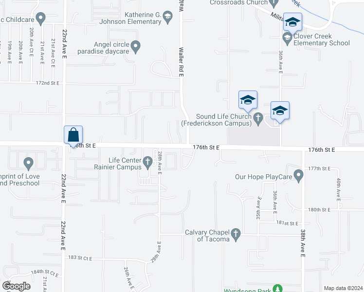 map of restaurants, bars, coffee shops, grocery stores, and more near 2829 176th Street East in Tacoma