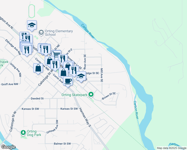 map of restaurants, bars, coffee shops, grocery stores, and more near 304 Bridge Street Southeast in Orting