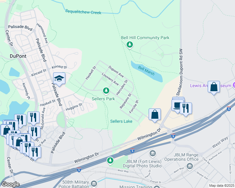 map of restaurants, bars, coffee shops, grocery stores, and more near 301-399 Hercules Street in DuPont
