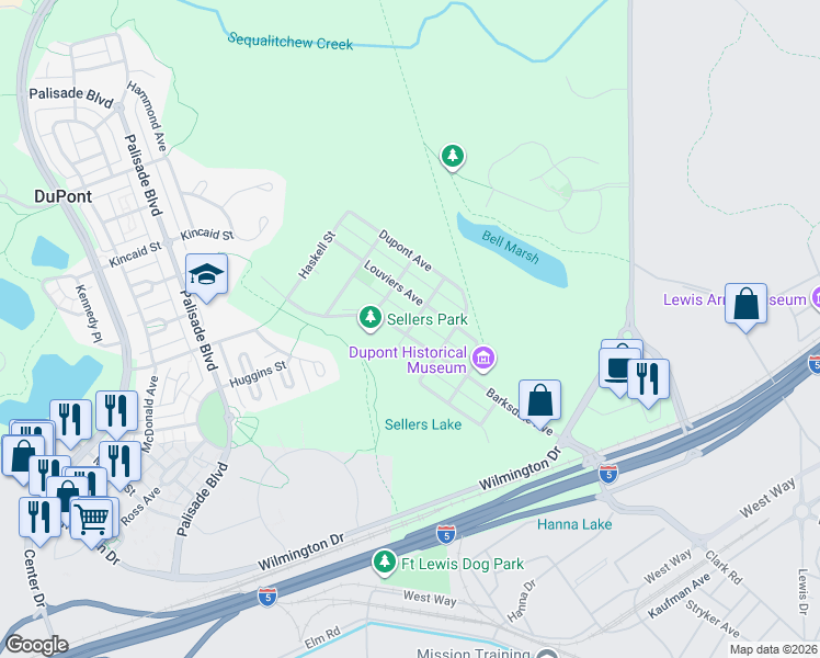 map of restaurants, bars, coffee shops, grocery stores, and more near 501 Barksdale Avenue in DuPont