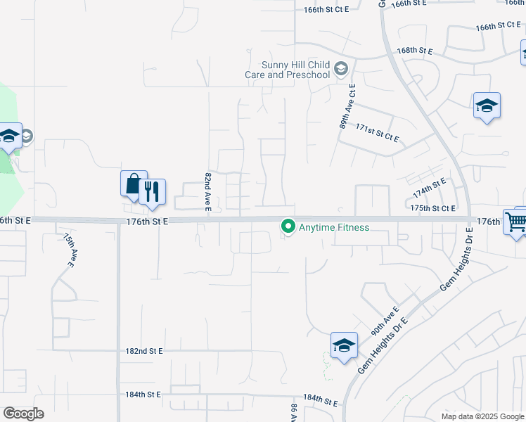 map of restaurants, bars, coffee shops, grocery stores, and more near 8351 175th Street Court East in Puyallup