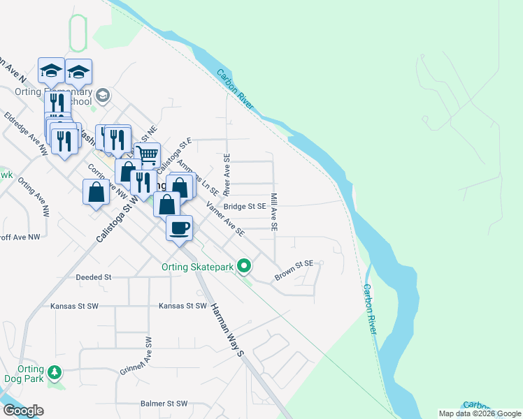 map of restaurants, bars, coffee shops, grocery stores, and more near 310 Bridge Street North in Orting