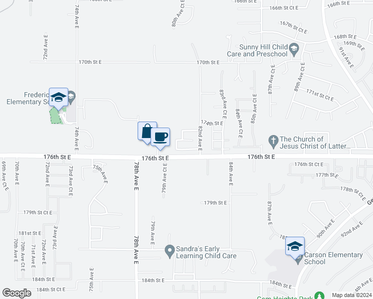 map of restaurants, bars, coffee shops, grocery stores, and more near 8129 175th Street Court East in Puyallup