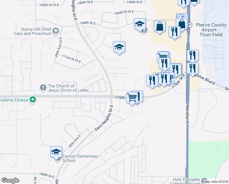 map of restaurants, bars, coffee shops, grocery stores, and more near 9410 175th Street Court East in Puyallup
