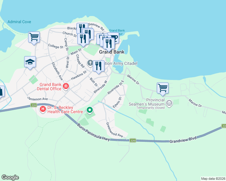 map of restaurants, bars, coffee shops, grocery stores, and more near 11 Riverside Street East in Grand Bank
