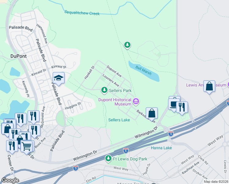 map of restaurants, bars, coffee shops, grocery stores, and more near 501 Barksdale Avenue in DuPont
