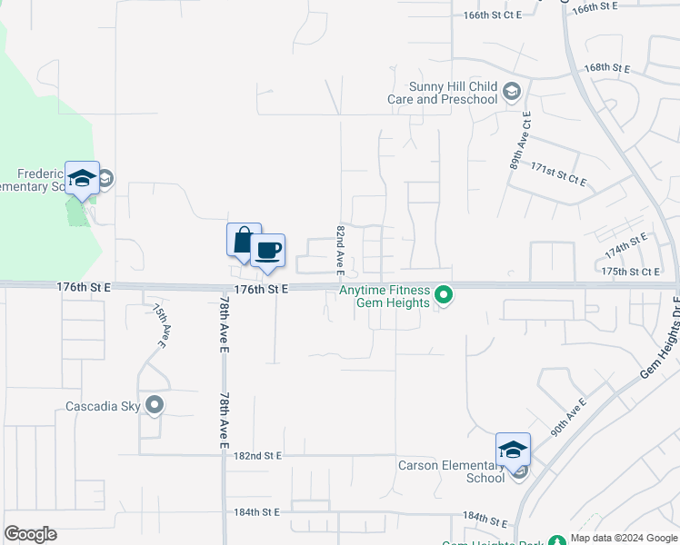 map of restaurants, bars, coffee shops, grocery stores, and more near 8126 175th Street Court East in Puyallup
