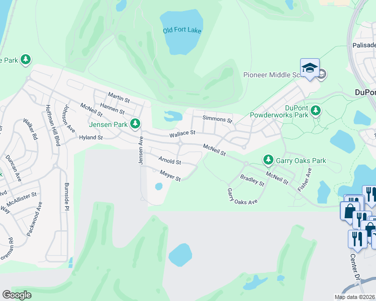 map of restaurants, bars, coffee shops, grocery stores, and more near 2597 McNeil Street in DuPont