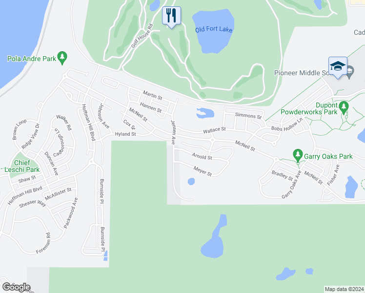 map of restaurants, bars, coffee shops, grocery stores, and more near 2764 Arnold Street in DuPont