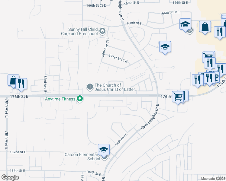 map of restaurants, bars, coffee shops, grocery stores, and more near 17512 90th Avenue East in Puyallup